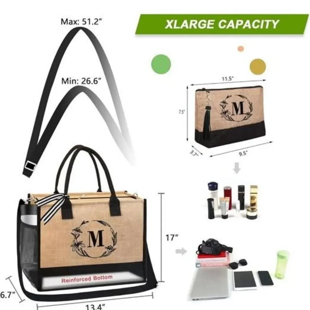 Tote Bag Set 2Piece Personalized Initial E Jute Beach Bag Monogram Gift Set NWT
